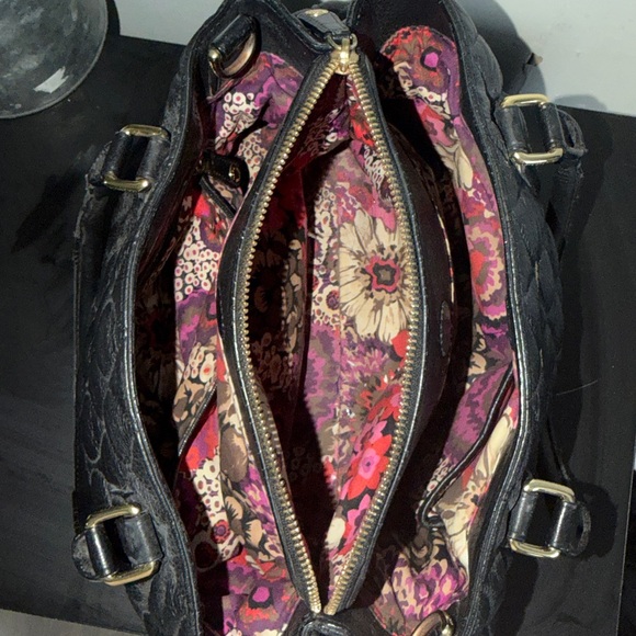 Vera Bradley Black Quilted Leather Satchel Floral Lining Shoulder Bag Classy - Picture 16 of 17